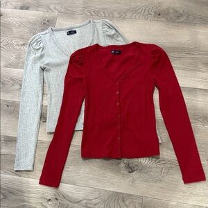 Two Gap ribbed neck‎ v-neck cardigans - red and gray - Size Small